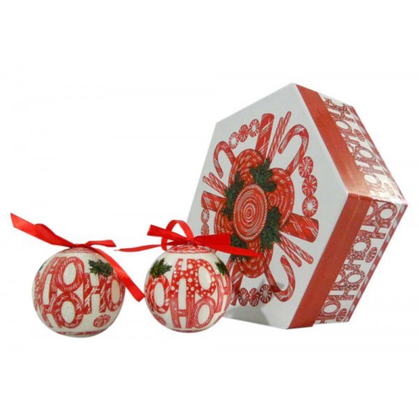 Χριστουγεννιάτικες Μπάλες με Κόκκινα Σχέδια, σε Κουτί Δώρου - Σετ 7 τεμ. (8cm)